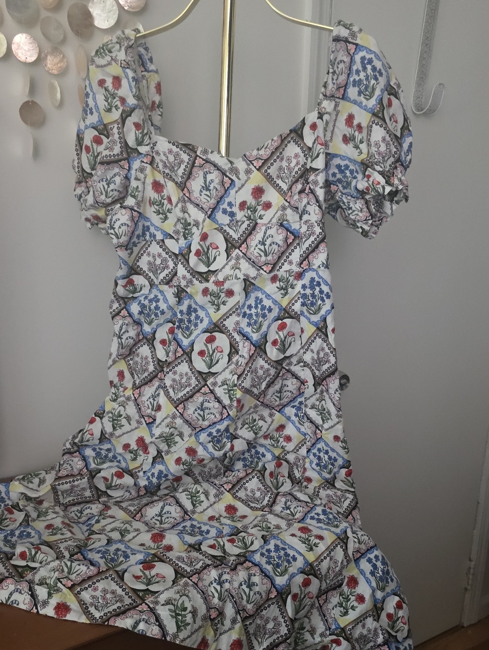 Boden White Multi Floral Patchwork Puff-Sleeve Midi Dress